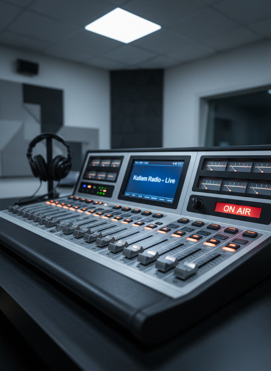 A meticulously detailed photographic close-up of a sleek, modern radio broadcasting console in a professional Kollam studio, with illuminated LED levels, polished metallic sliders, and a large digital display showing “Kollam Radio – Live.” The console rests on a dark, matte desk surface with neatly arranged headphones and a labeled ‘On Air’ indicator light glowing softly. Cool, diffused studio lighting creates subtle reflections on the equipment and clean, minimal shadows. Captured from a slightly elevated angle with shallow depth of field, the foreground controls are crisp while the background acoustic panels blur gently. The mood is focused, technical, and trustworthy, reflecting a premium local news and podcast environment for Kollam listeners.