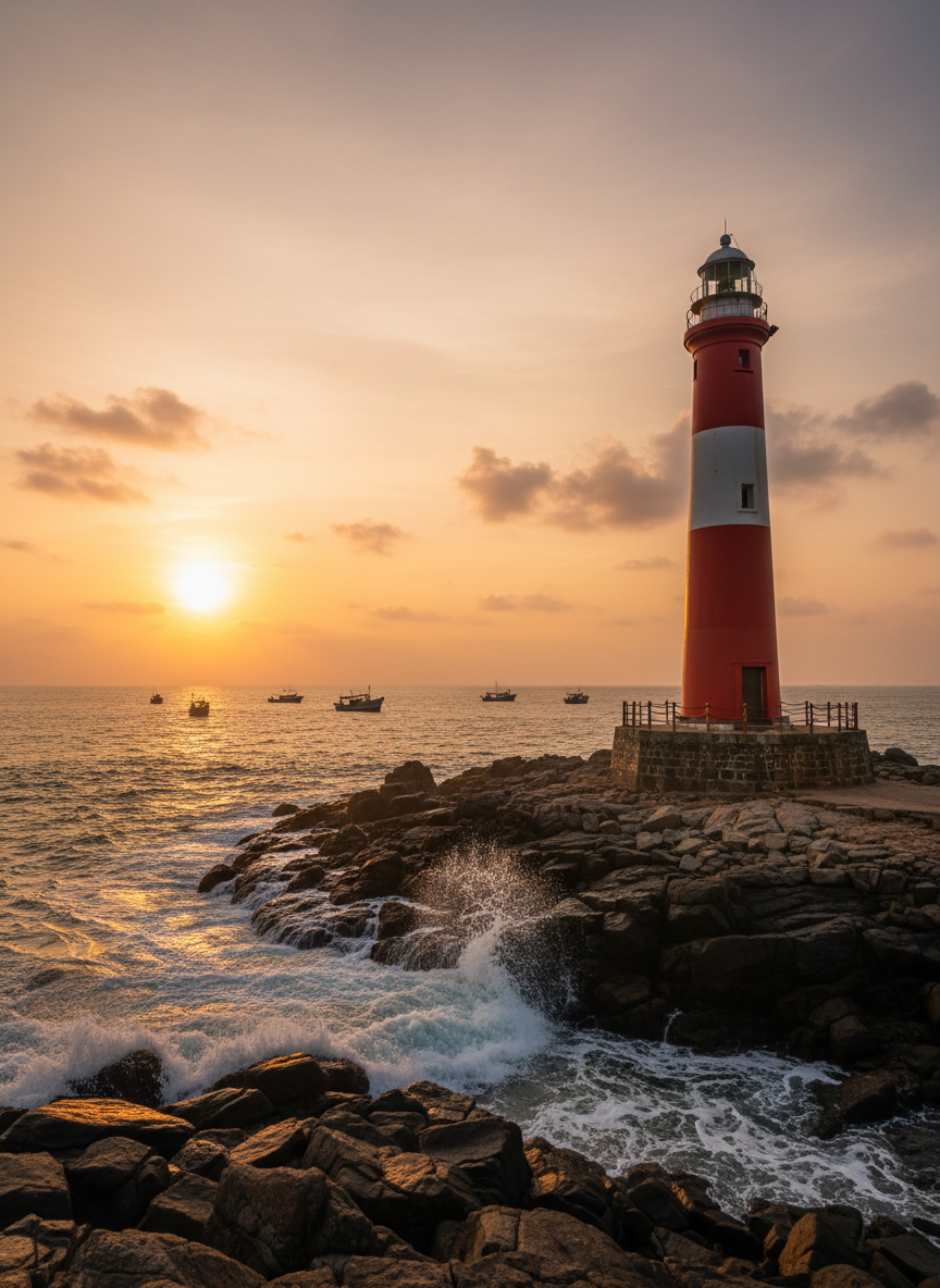A panoramic photographic scene of Kollam’s coastal area during golden hour, highlighting a detailed lighthouse structure on a rocky shoreline, waves gently breaking against the stones. The calm sea extends to the horizon with fishing boats anchored in the distance, while the lighthouse’s white and red exterior contrasts against the warm sky. Soft, low-angle sunlight bathes the scene, casting long shadows across the rocks and creating a warm, inviting glow. Shot at eye level using the rule of thirds, the lighthouse stands as a clear focal point, symbolizing guidance and reliable information. The atmosphere is serene yet purposeful, aligning with a professional local news brand rooted in Kollam’s coastal identity.