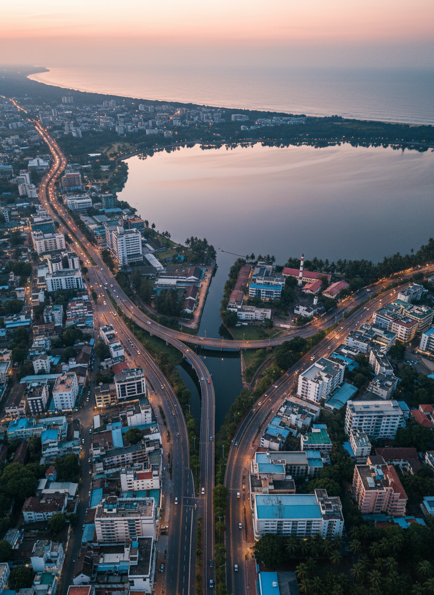 A high-resolution aerial photographic view of Kollam city at dawn, with the intricate network of roads, backwaters, and coastline clearly visible. The calm Ashtamudi Lake reflects the soft pink and orange hues of the early morning sky, while clusters of buildings and newsworthy landmarks form a textured urban pattern below. Streetlights fade as natural light grows stronger, casting long gentle shadows between structures. Shot with sharp focus and wide depth of field from a bird’s-eye perspective, the composition is balanced and informative. The mood is professional and anticipatory, suggesting a new day of local news and live updates for a premium Kollam news portal.